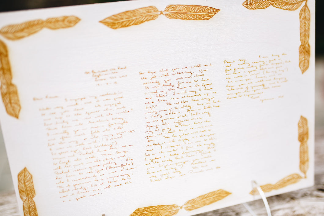 Letter From a Loved One Engraved on White Wood with Feather Border
