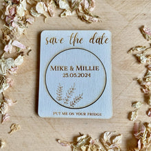 Load image into Gallery viewer, Heart / Circle / Moon Engraved White Wooden Save the Date