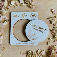 Load image into Gallery viewer, Heart / Circle / Moon Engraved White Wooden Save the Date