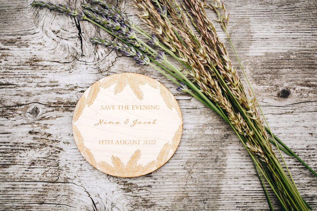 Save the Date/Evening Wheat Personalised Wooden Engraved Circle