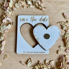 Load image into Gallery viewer, Heart / Circle / Moon Engraved White Wooden Save the Date