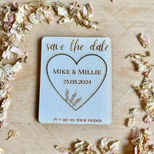 Load image into Gallery viewer, Heart / Circle / Moon Engraved White Wooden Save the Date