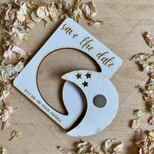 Load image into Gallery viewer, Heart / Circle / Moon Engraved White Wooden Save the Date