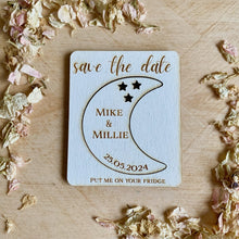 Load image into Gallery viewer, Heart / Circle / Moon Engraved White Wooden Save the Date
