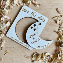 Load image into Gallery viewer, Heart / Circle / Moon Engraved White Wooden Save the Date
