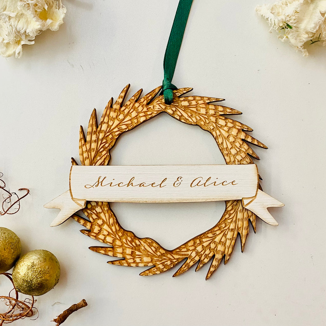 Mini Christmas Wreath Pheasant Feather Personalised Christmas Decoration