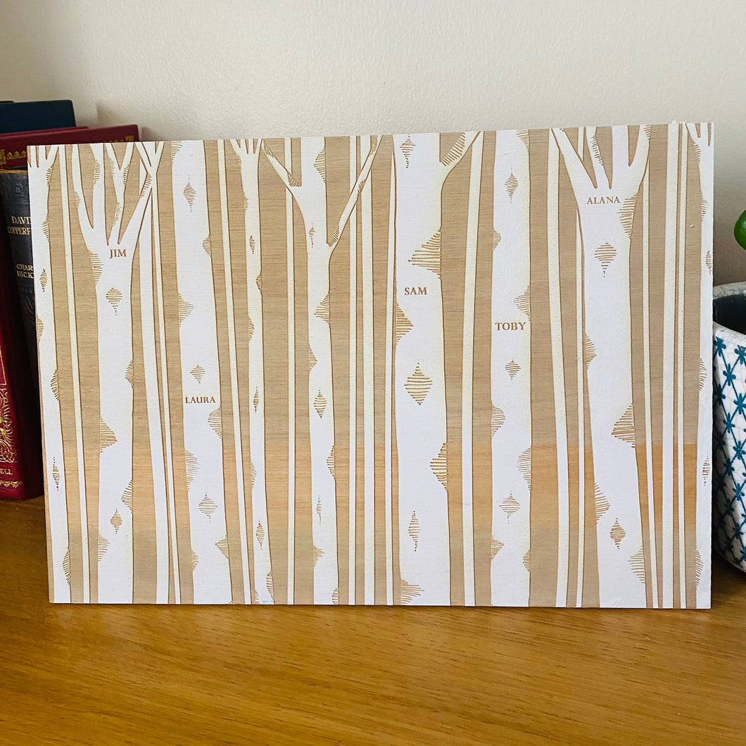 Family Birch Trees Engraved on Wood (up to 10 names)