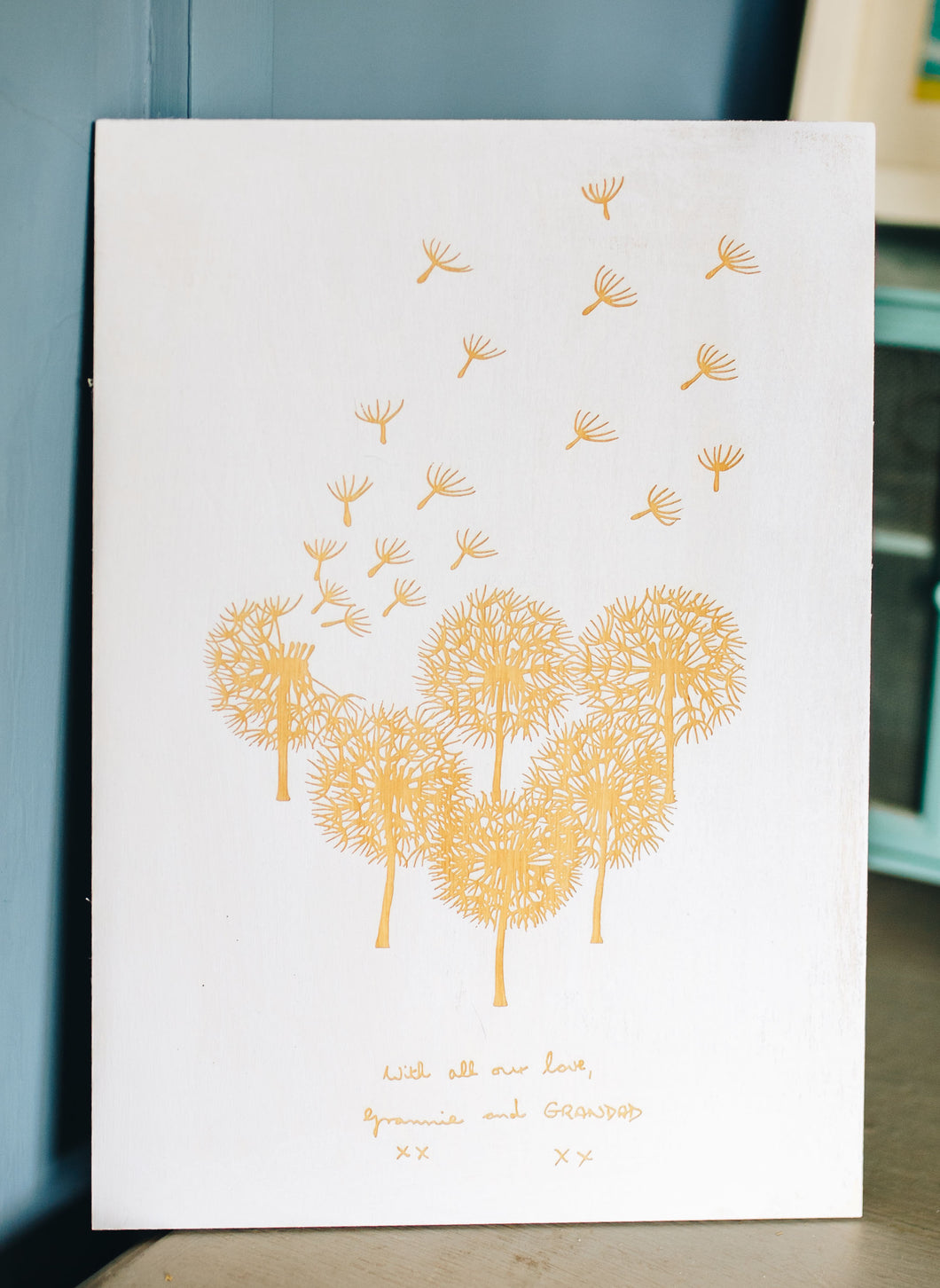 Note From a Loved One with Dandelion Clocks Engraved on Wood