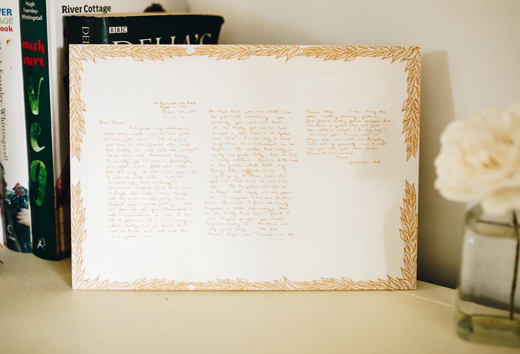 Letter From a Loved One Engraved on White Wood with Leaf Border