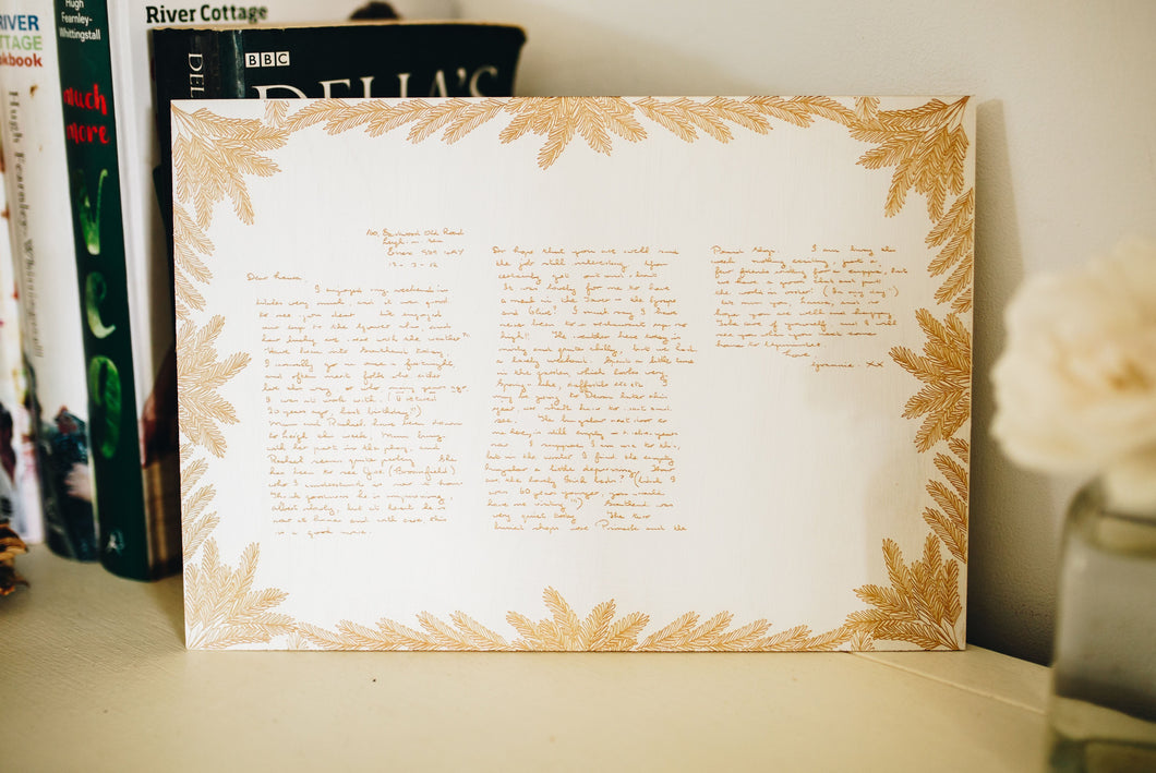 Letter From a Loved One Engraved on White Wood with Wheat Border