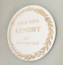 Load image into Gallery viewer, Wedding Wall Plaque Engraved on Wood with Leaf Design
