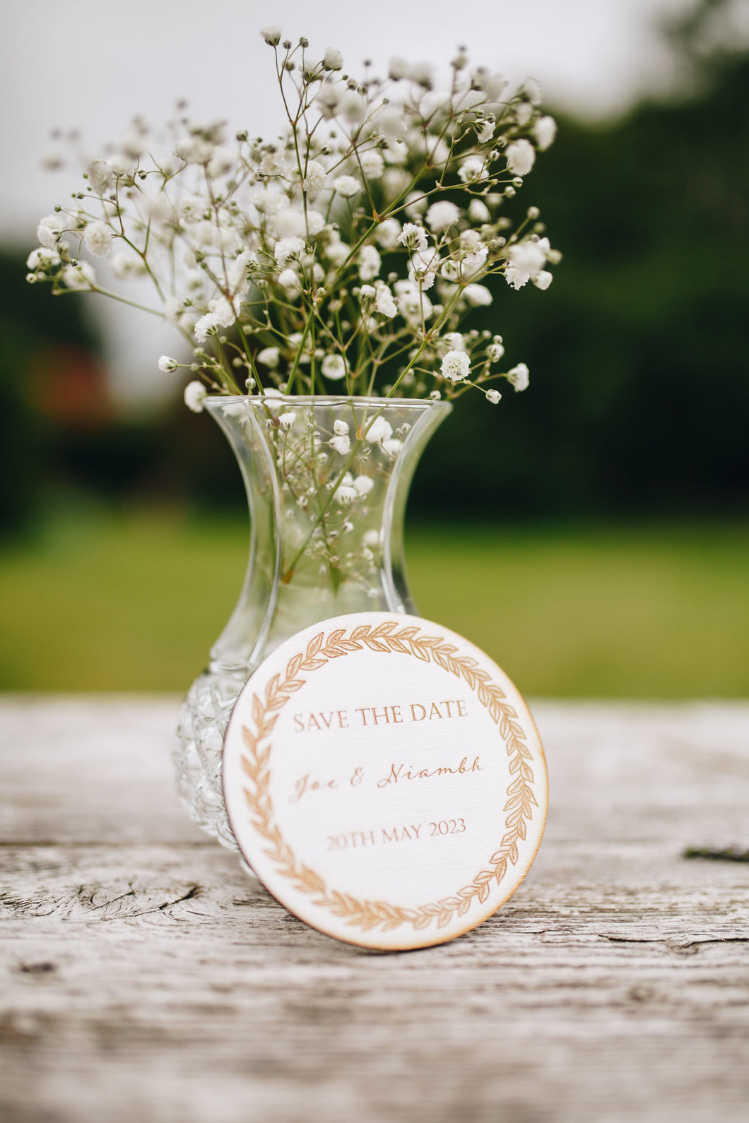 Save the Date/Evening Leaf Personalised White Wooden Engraved Circle