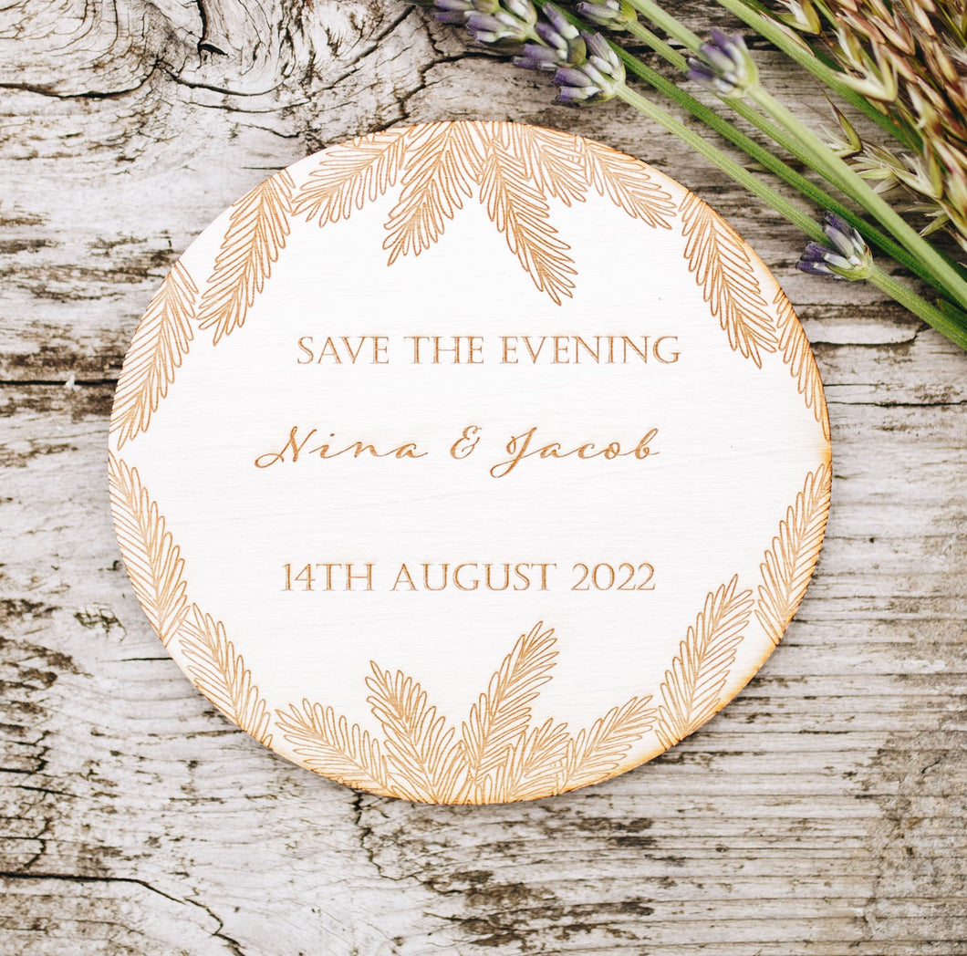 Save the Date/Evening Wheat Personalised White Wooden Engraved Circle