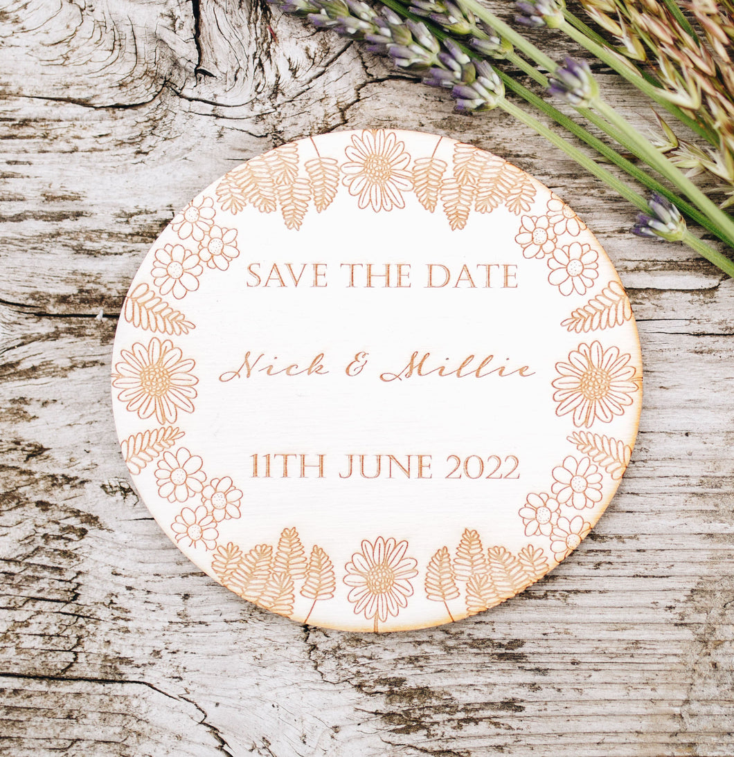 Save the Date/Evening Wildflower Personalised White Wooden Engraved Circle