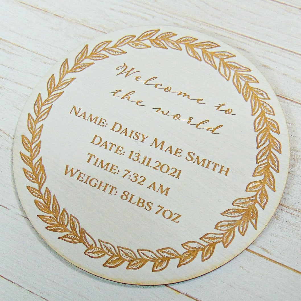 Baby Announcement Leaf Plaque Whitewashed Wood 11 x 11cm