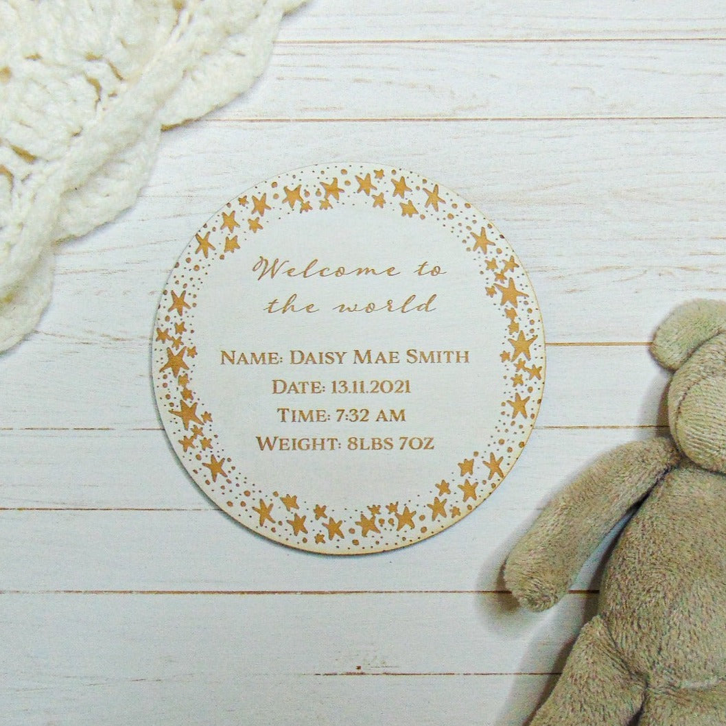 Baby Announcement Stars Plaque Whitewashed Wood 11 x 11cm