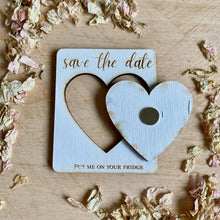 Load image into Gallery viewer, Heart / Circle / Moon Engraved White Wooden Save the Date
