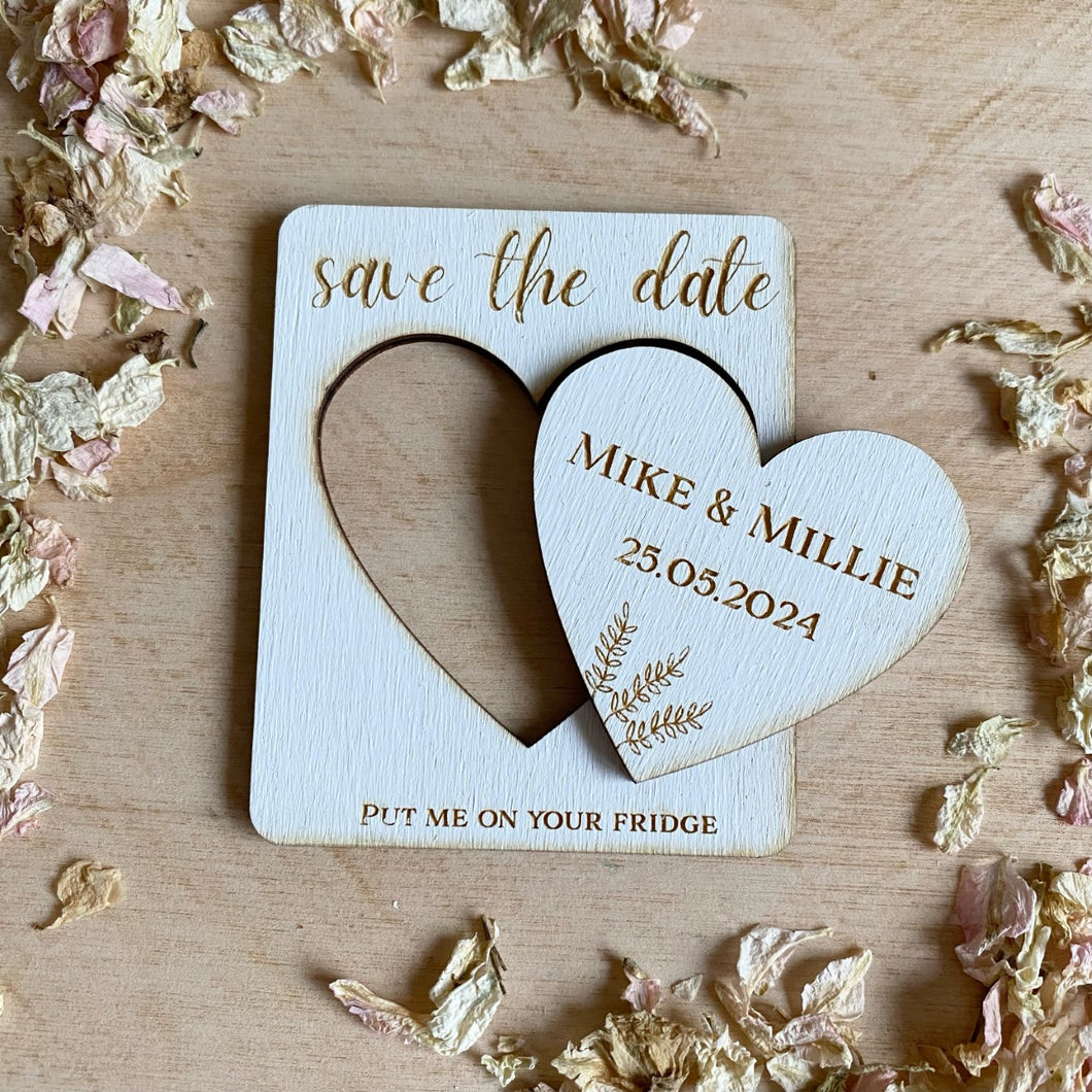 Heart / Circle / Moon Engraved White Wooden Save the Date