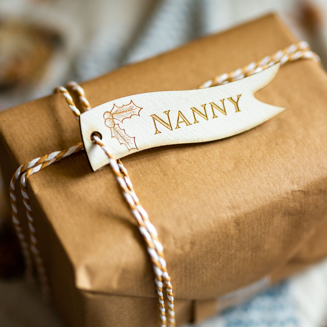 Holly Personalised Re-usable White Wooden Christmas Tags