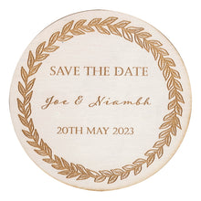 Load image into Gallery viewer, Save the Date/Evening Leaf Personalised White Wooden Engraved Circle
