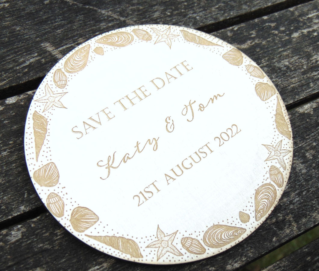 Save the Date/Evening Sea Shore Personalised White Wooden Engraved Circle