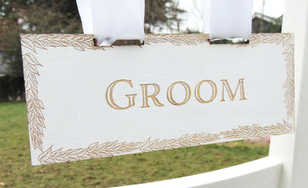 Personalised Wedding Day Chair Sign White Wooden Leaf