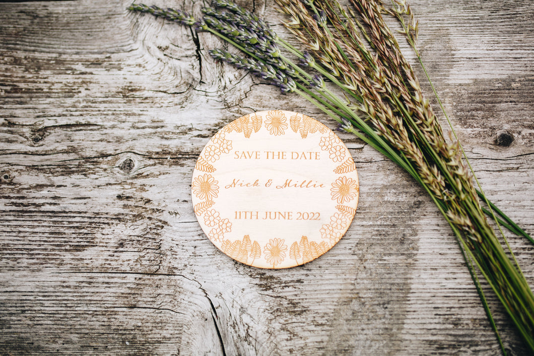 Save the Date/Evening Wildflower Personalised Wooden Engraved Circle