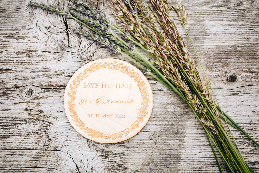 Save the Date/Evening Leaf Personalised Wooden Engraved Circle